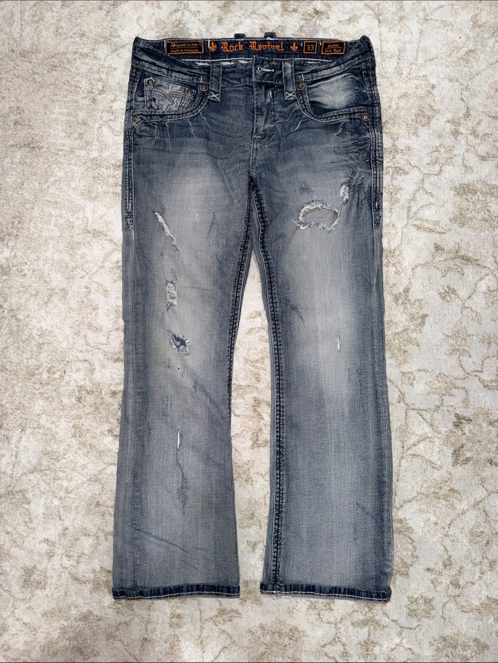 Rock Revival Men’s Slim Bootcut Distressed Jeans - Gray Blue Wash